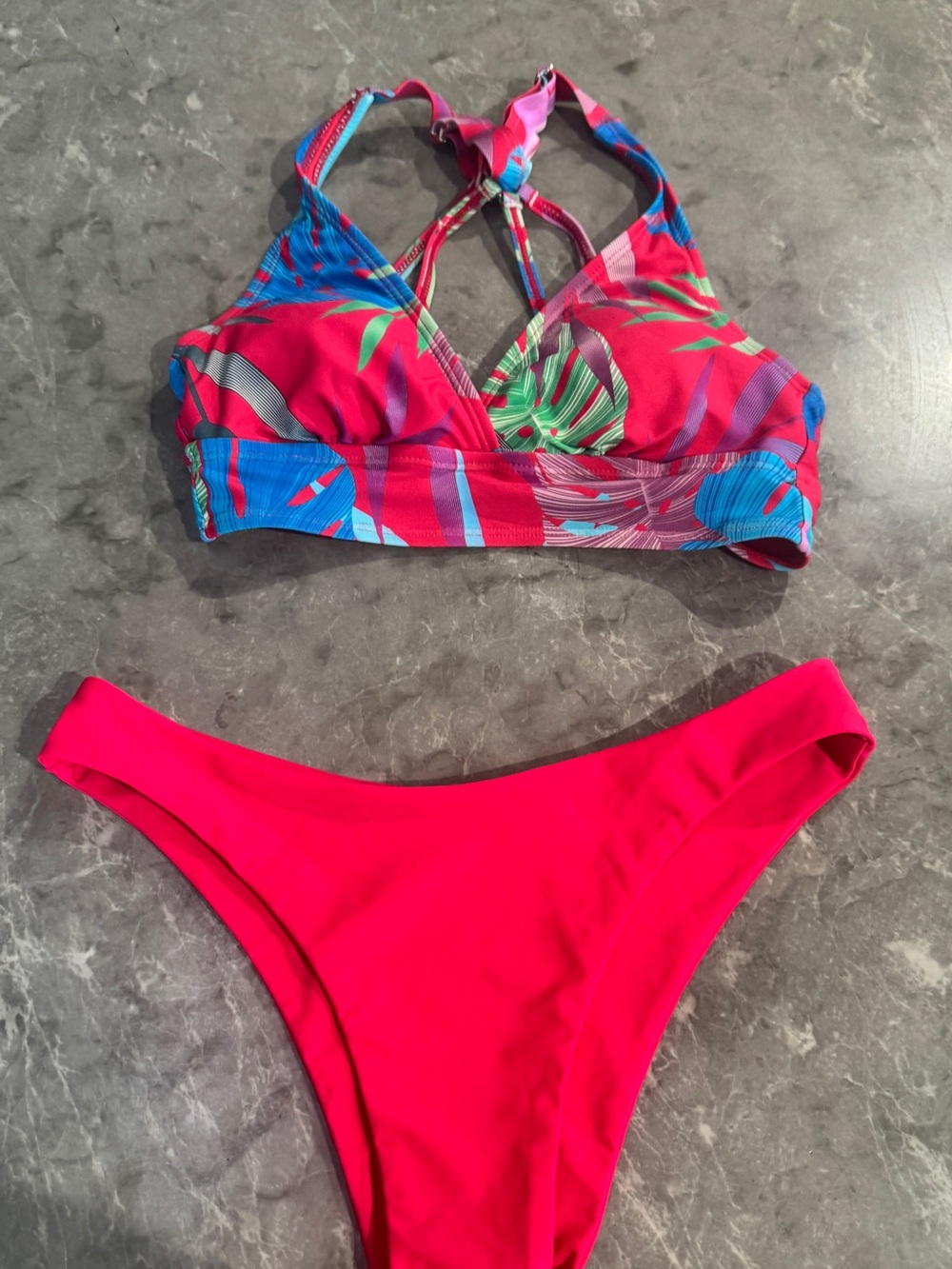 NIC Tropical Print Bikini Top Sz S/M with Hot Pink Bottoms Sz S